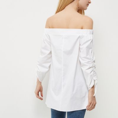 White ruched sleeve bardot top